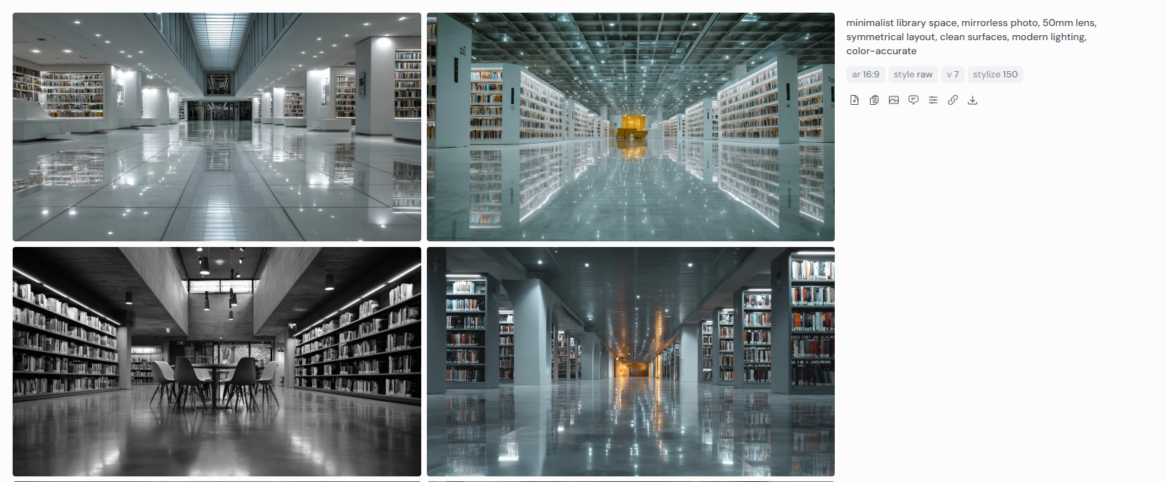 Four architectural renderings of a minimalist library space showcasing symmetrical layouts, polished reflective floors, and clean shelving systems. The scenes are illuminated by modern lighting and feature a mix of warm and cool tones. Captured with a mirrorless camera and 50mm lens, these color-accurate visuals highlight spatial precision, contemporary design language, and the serene functionality of a refined learning environment.