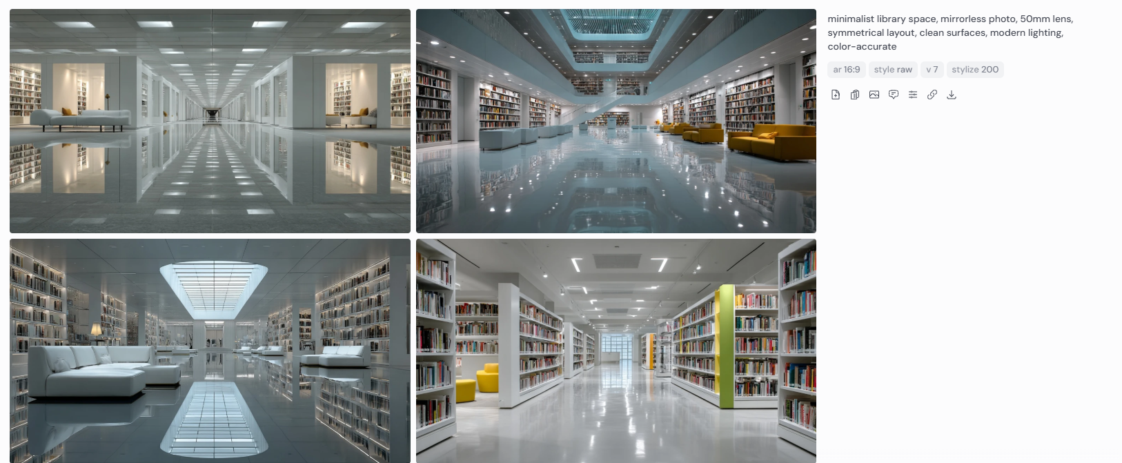 Four architectural renderings of a minimalist library space featuring symmetrical layouts, glossy floors, and clean shelving units. The scenes include soft seating areas, bold yellow and white furniture accents, and well-lit aisles framed by modern lighting. Captured with a mirrorless camera and 50mm lens, these color-accurate images emphasize visual clarity, spatial order, and the sleek elegance of contemporary library architecture.