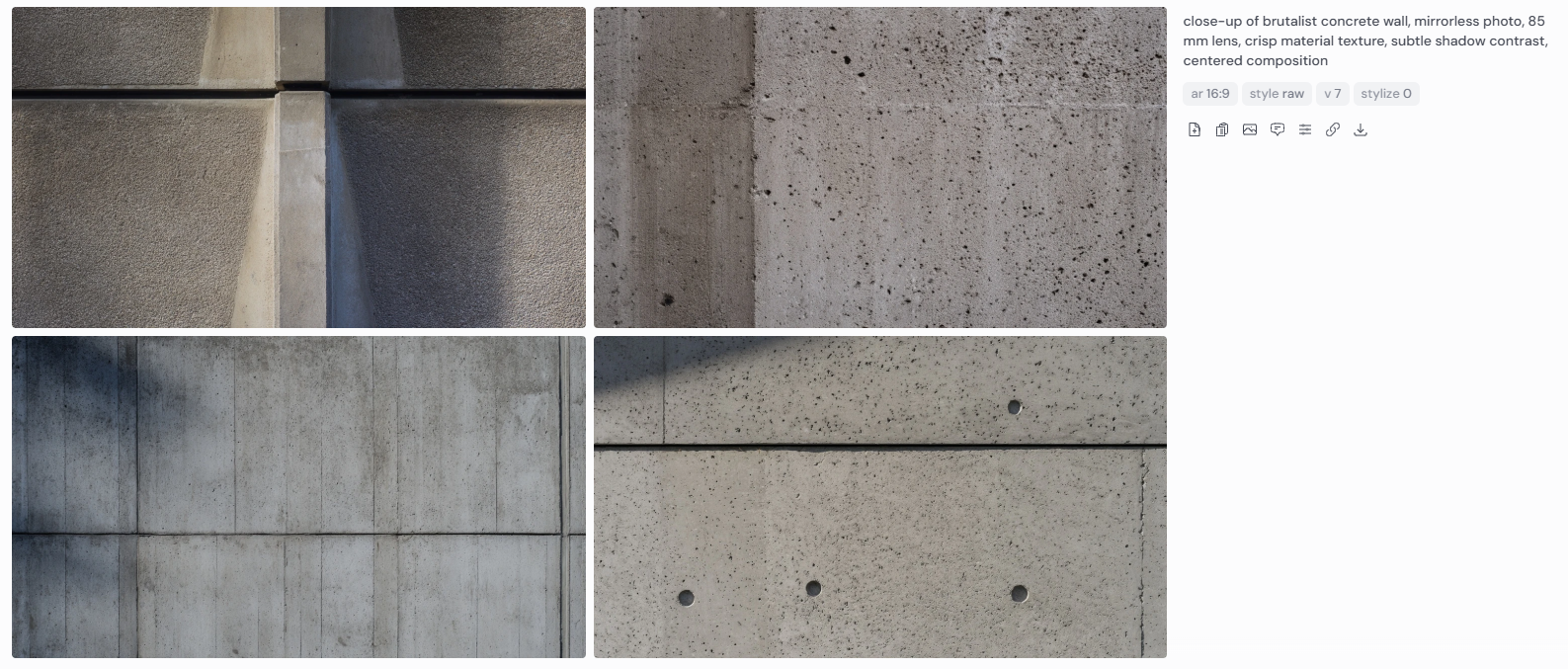 Four close-up architectural renderings of brutalist concrete walls showcasing raw textures, centered seams, and subtle light and shadow contrast. Captured with a mirrorless camera and 85mm lens, the images highlight the natural imperfections, pores, and tonal shifts in poured concrete surfaces. Each shot emphasizes symmetry, material authenticity, and the minimalist aesthetic of brutalist architecture.