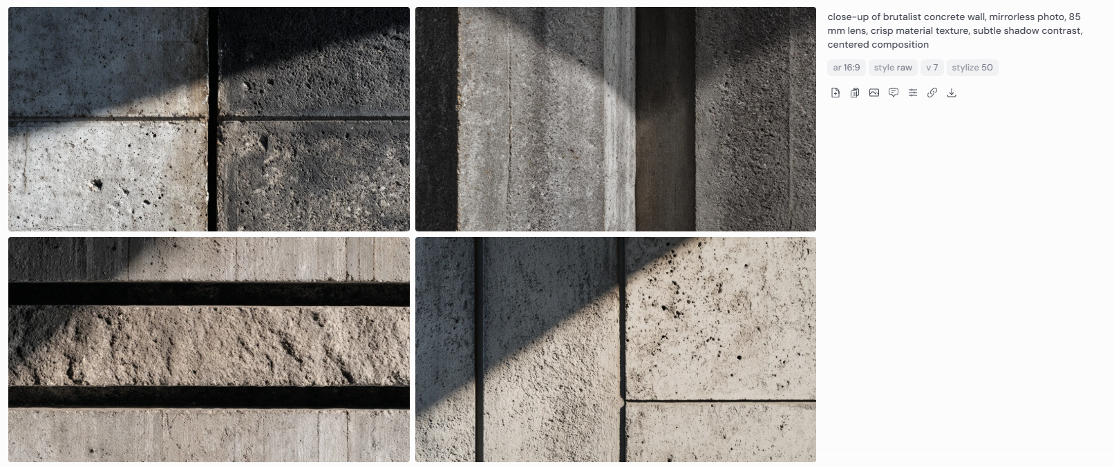 Four close-up architectural renderings of brutalist concrete walls featuring centered compositions, tactile surface textures, and dramatic yet subtle shadow contrast. Captured with a mirrorless camera and 85mm lens, the images showcase natural imperfections, aggregate exposure, and the raw beauty of minimalist concrete construction with precise tonal balance and lighting control.
