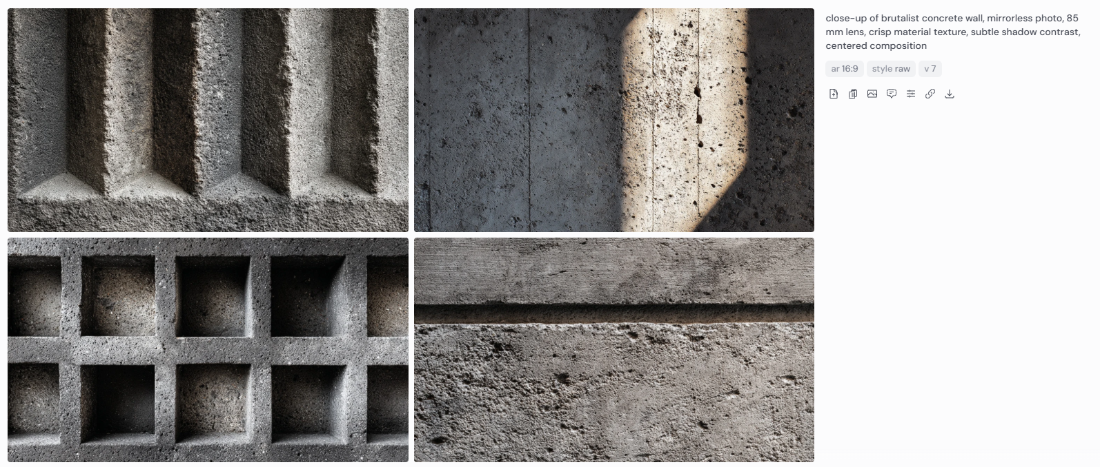 Four close-up architectural renderings of brutalist concrete walls showcasing geometric recesses, gridded voids, and rough surface textures. Captured with a mirrorless camera and 85mm lens, the images highlight centered compositions, natural material variation, and subtle light and shadow interplay that emphasize the tactile and minimalist nature of brutalist design.
