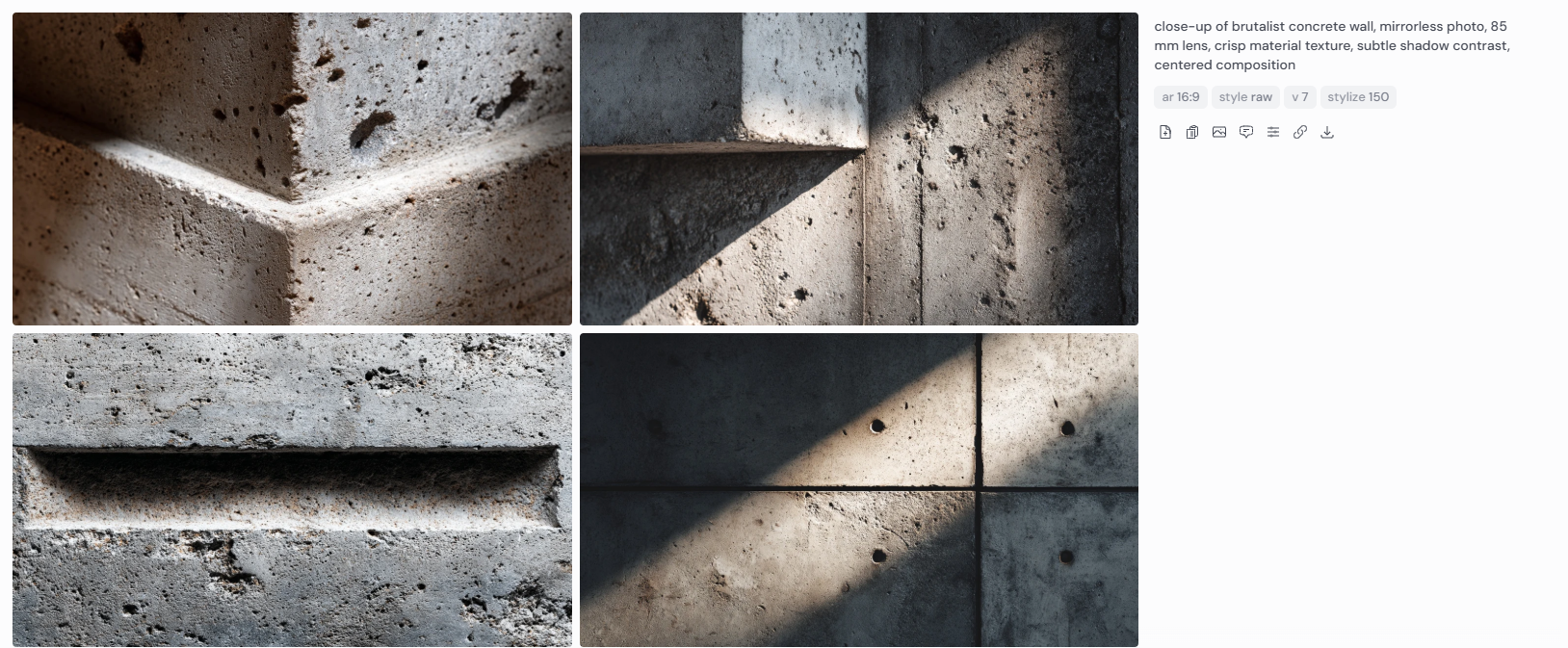 Four close-up architectural renderings of brutalist concrete walls emphasizing sharp corners, recessed joints, and raw material textures. Captured with a mirrorless camera and 85mm lens, the images showcase centered compositions, pitted surfaces, and directional lighting that accentuates shadow contrast and the rugged aesthetic of brutalist design.