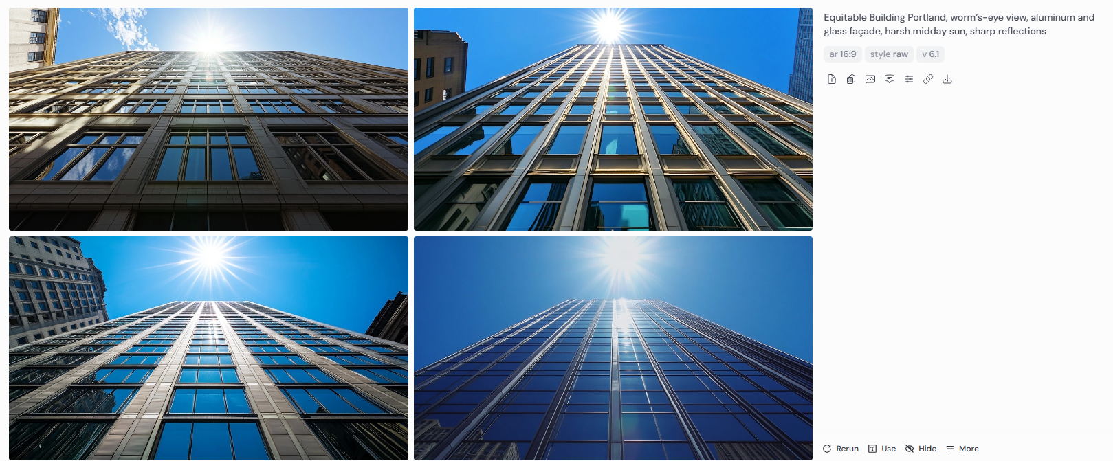 Equitable Building Portland, rendered in Midjourney v6.1 with worm’s-eye angles and harsh midday lighting. Four AI variations show aluminum and glass façade with strong reflections, emphasizing Pietro Belluschi’s architectural clarity and modernist vision.