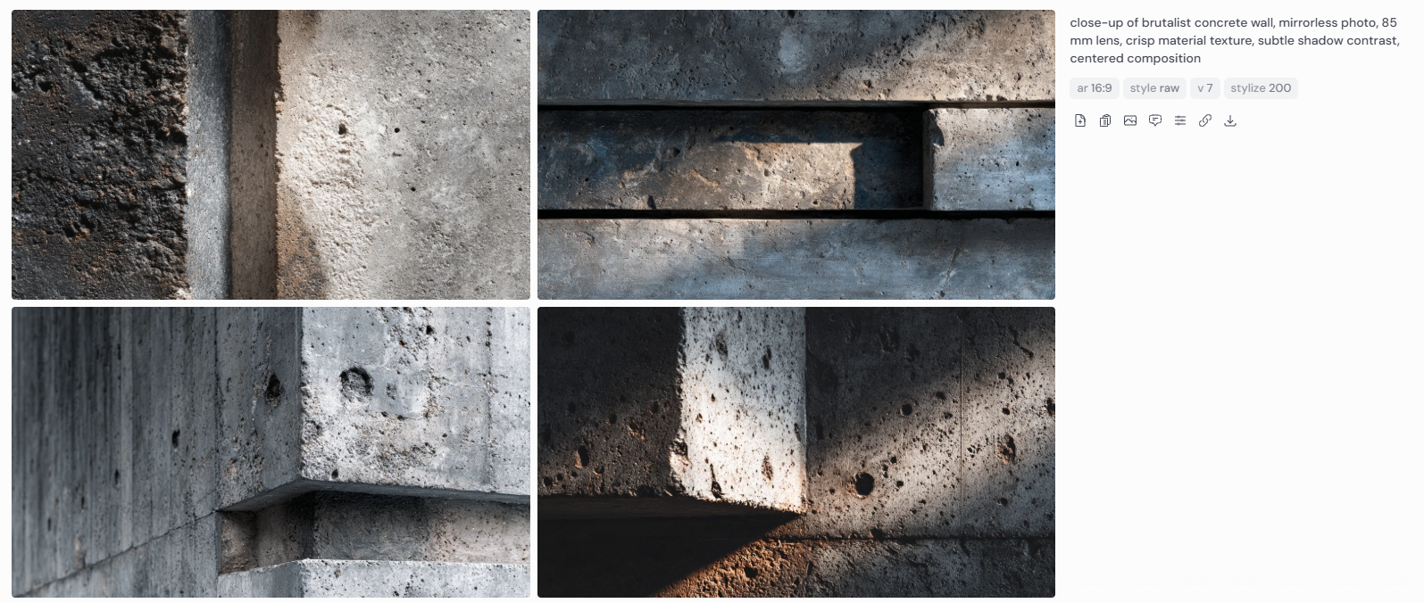 Four close-up architectural renderings of brutalist concrete walls showcasing pitted surfaces, recessed edges, and dramatic shadow play. Captured with a mirrorless camera and 85mm lens, the photos highlight material texture, centered framing, and soft lighting contrast that enhances the rugged character of brutalist design.