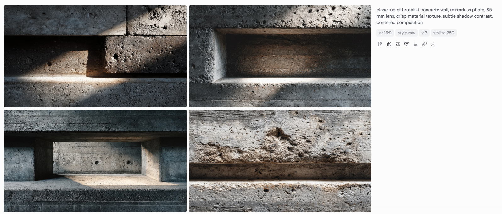 Four close-up architectural renderings of brutalist concrete walls with deep recesses, pitted surfaces, and raw material textures. Photographed using a mirrorless camera and 85mm lens, the images emphasize centered framing, tactile concrete details, and high-contrast lighting that reveals the sculptural depth and minimalism of brutalist architecture.