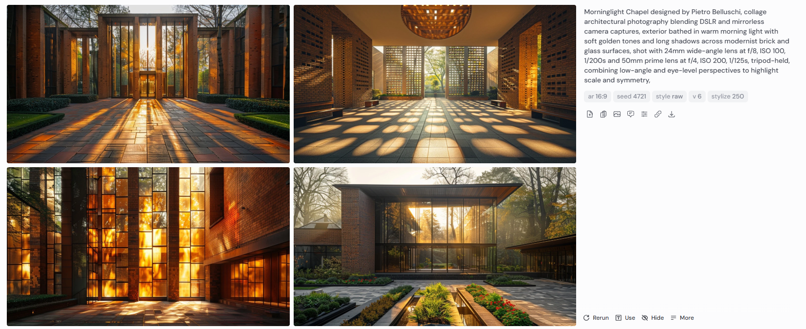 Four architectural renderings of Morninglight Chapel inspired by Pietro Belluschi, featuring golden-hour lighting across brick and glass exteriors. Photographed with DSLR and mirrorless cameras using 24mm wide-angle and 50mm prime lenses, the images highlight long shadows, warm sunrise tones, and low-angle to eye-level perspectives. The modernist design emphasizes clean geometry, natural light, and tranquil spatial harmony.