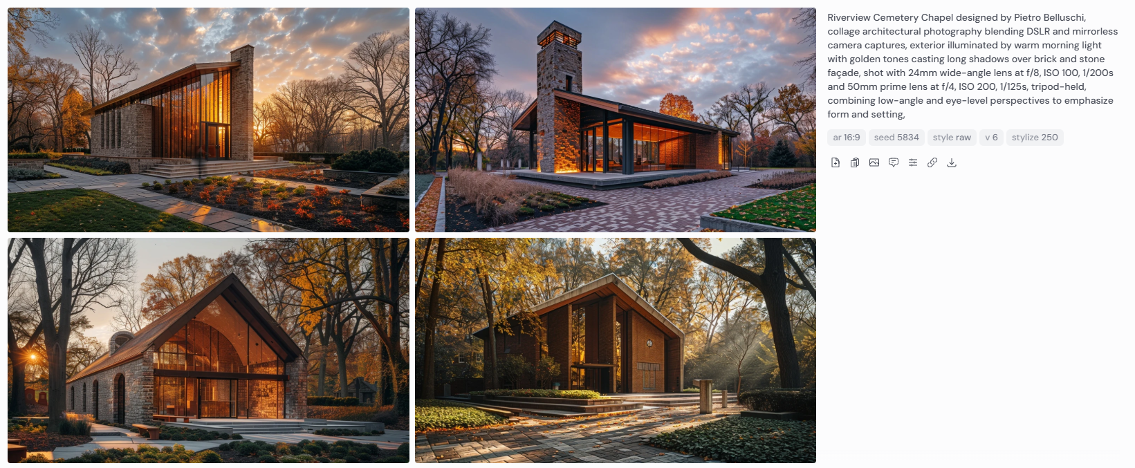 our architectural renderings of Riverview Cemetery Chapel inspired by Pietro Belluschi, photographed in warm morning light that casts golden tones and elongated shadows across brick and stone exteriors. Using DSLR and mirrorless cameras with 24mm wide-angle and 50mm prime lenses, the images present a serene chapel surrounded by trees, landscaped paths, and autumn foliage. Each composition emphasizes symmetry, natural textures, and the relationship between architecture and its peaceful environment.