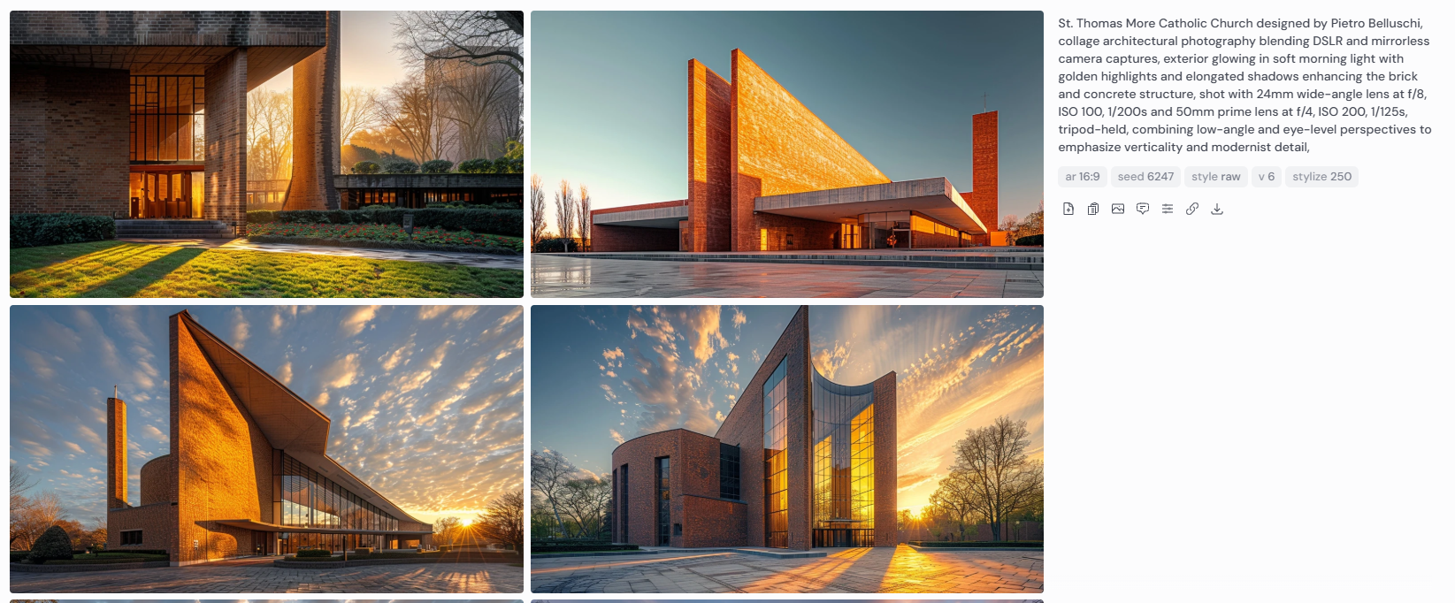 Four architectural images of St. Thomas More Catholic Church designed by Pietro Belluschi, photographed in soft golden morning light that casts elongated shadows across its brick and concrete exterior. Captured using DSLR and mirrorless cameras with 24mm wide-angle and 50mm prime lenses, the compositions highlight the building’s verticality, modernist design, and glowing façade. The church is framed by landscaped grounds and an expansive sky, with low-angle and eye-level perspectives used to convey scale and detail.