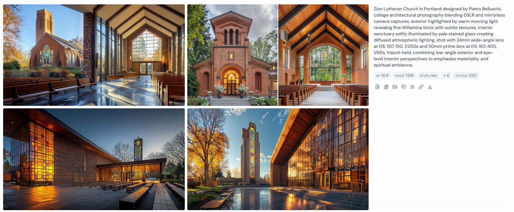 Four architectural renderings of Zion Lutheran Church in Portland, designed by Pietro Belluschi, photographed in warm morning light that highlights the textured Willamina brick exterior. Interior views feature pale stained glass windows that diffuse soft light across the sanctuary. Captured using DSLR and mirrorless cameras with 24mm wide-angle and 50mm prime lenses, the images combine low-angle shots of the church façade with eye-level interior compositions, emphasizing spiritual atmosphere, architectural symmetry, and material richness.