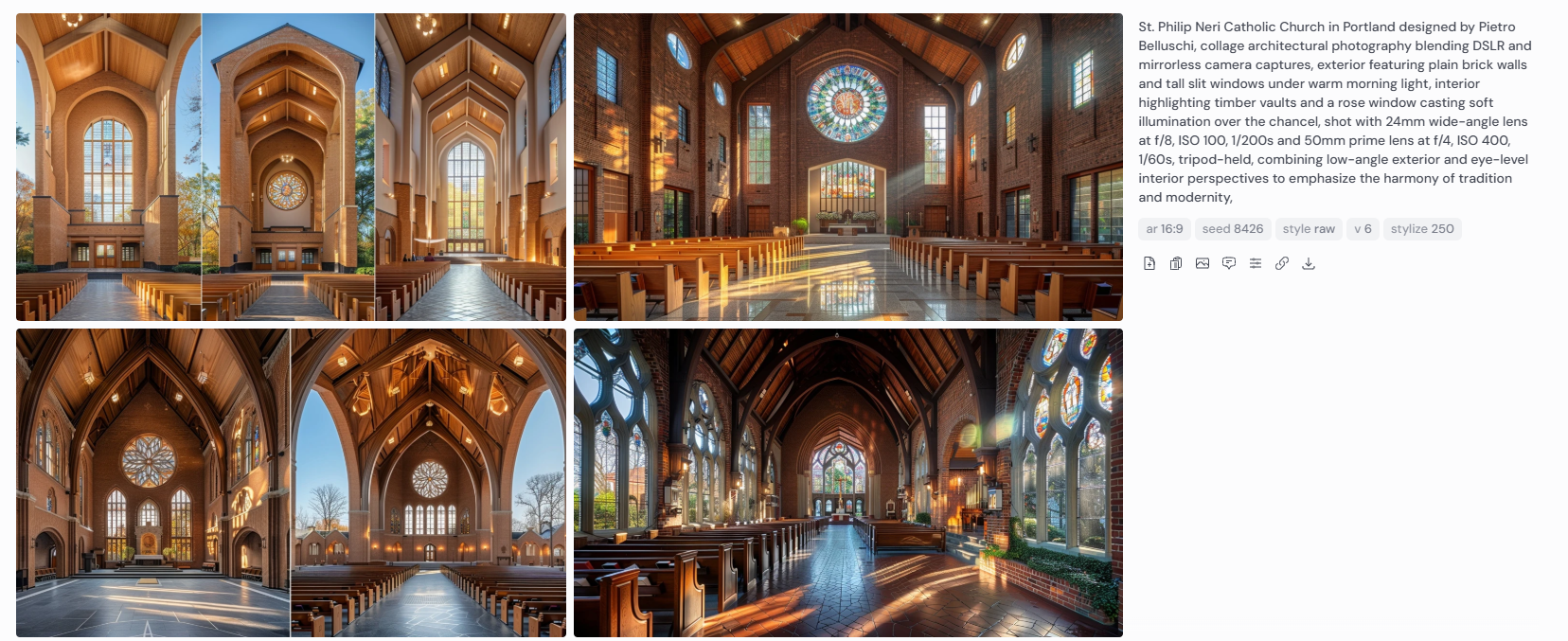 Eight architectural renderings of St. Philip Neri Catholic Church in Portland, designed by Pietro Belluschi, showcasing a minimalist brick facade with tall vertical slit windows and a warm morning glow. The interiors feature timber vaults, a prominent rose window above the chancel, and richly lit pews. Photographed with DSLR and mirrorless cameras using 24mm wide-angle and 50mm prime lenses, the images combine low-angle exterior shots with centered, eye-level interior compositions, highlighting sacred geometry, natural lighting, and the church's blend of traditional and modern architectural design.