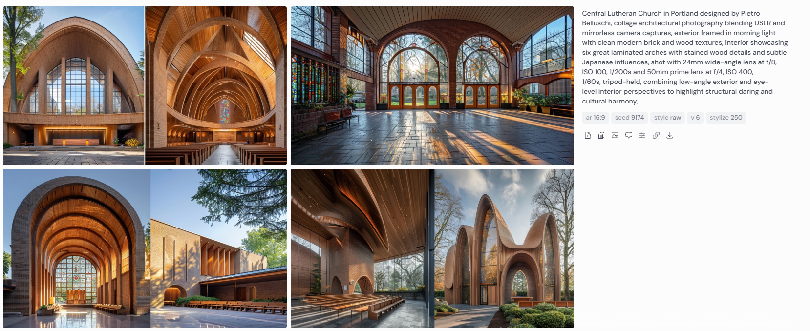 Eight architectural renderings of Central Lutheran Church in Portland designed by Pietro Belluschi, featuring a clean brick and wood facade illuminated by morning light. The interior showcases six large laminated arches with stained wood textures and Japanese-inspired design elements. Photographed with DSLR and mirrorless cameras using 24mm wide-angle and 50mm prime lenses, the compositions include low-angle exterior views and eye-level interiors that highlight architectural symmetry, cultural nuance, and the fusion of modern materials with spiritual form.