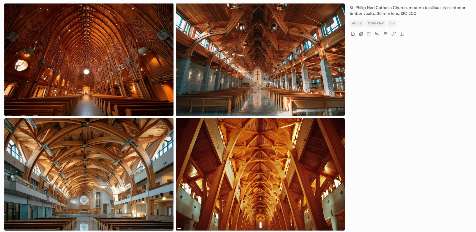 St. Philip Neri Catholic Church interior rendered in Midjourney v7 with timber vaults, 35mm lens, ISO 200. Four AI images show how RAW and stylization settings transform mood, from precise architectural detail to expressive interpretation, reflecting Pietro Belluschi’s modern sacred design.