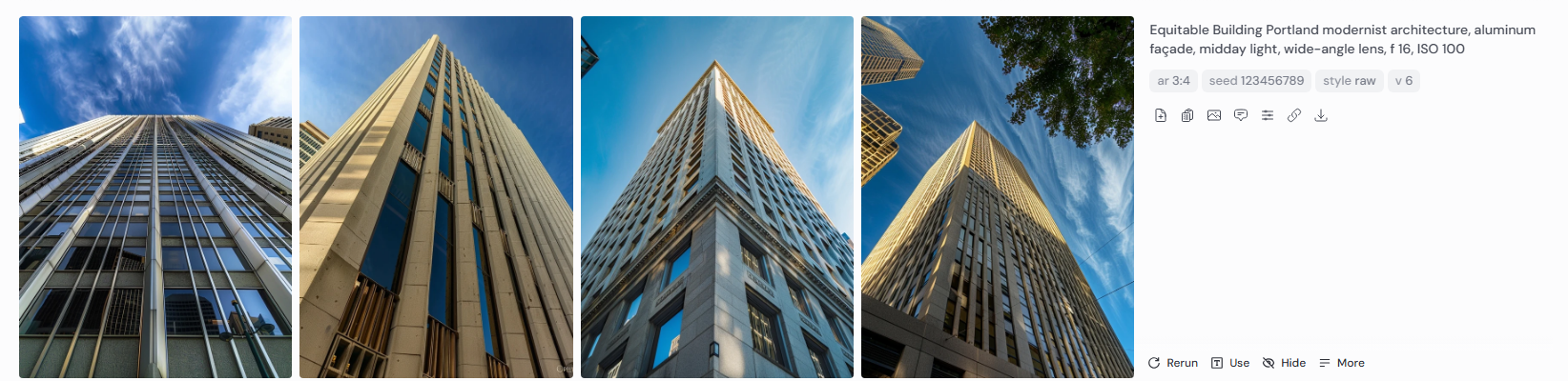 Equitable Building Portland, Midjourney AI renders with fixed seed and raw style, showing aluminum façade, wide-angle lens, f16, ISO 100. Four variations capture Belluschi’s modernist clarity, architectural precision, and timeless vertical form under midday light.
