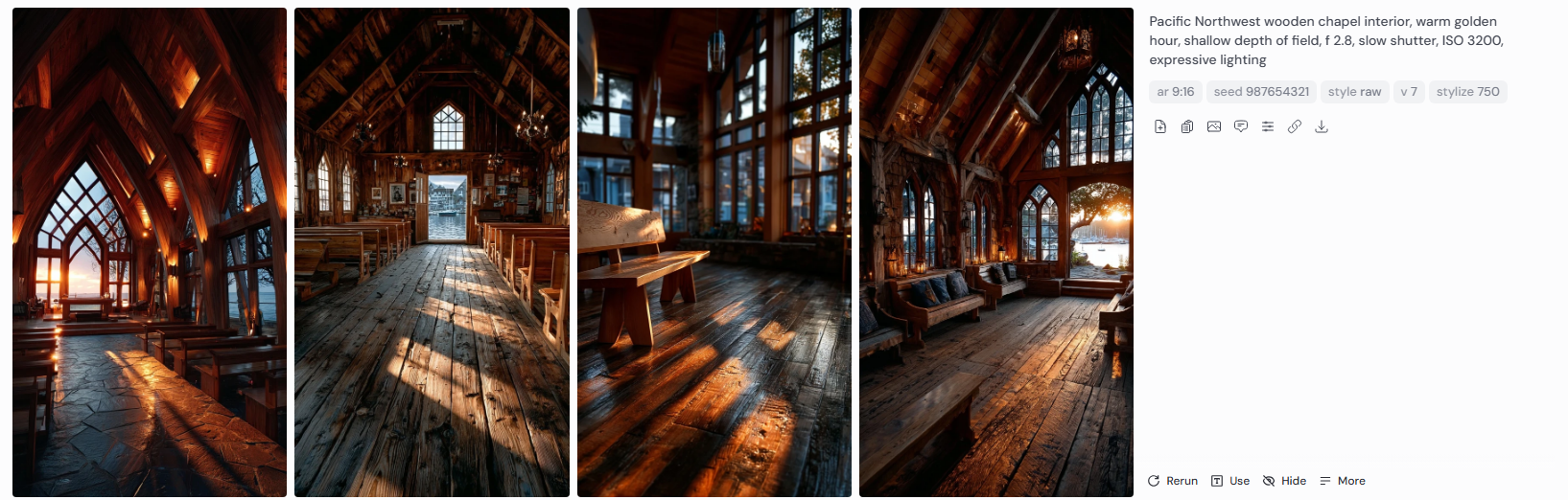 Pacific Northwest wooden chapel interior, Midjourney AI render with warm golden hour, shallow depth of field, ISO 3200, expressive lighting. Four variations highlight timber beams, glowing pews, and sacred atmosphere inspired by Pietro Belluschi’s architectural vision.