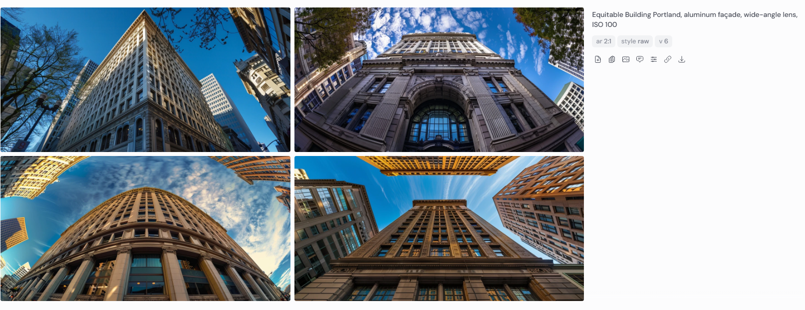 Equitable Building Portland reinterpreted with Midjourney v6, aluminum façade, wide-angle lens perspective, showcasing Pietro Belluschi’s modernist architecture with crisp realism.