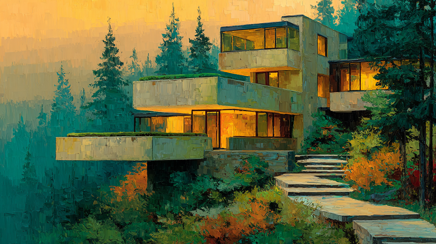 Oil painting of a terraced concrete home nestled in green forest under an amber sunset sky, with illuminated windows and geometric walkways inspired by Arthur Erickson.