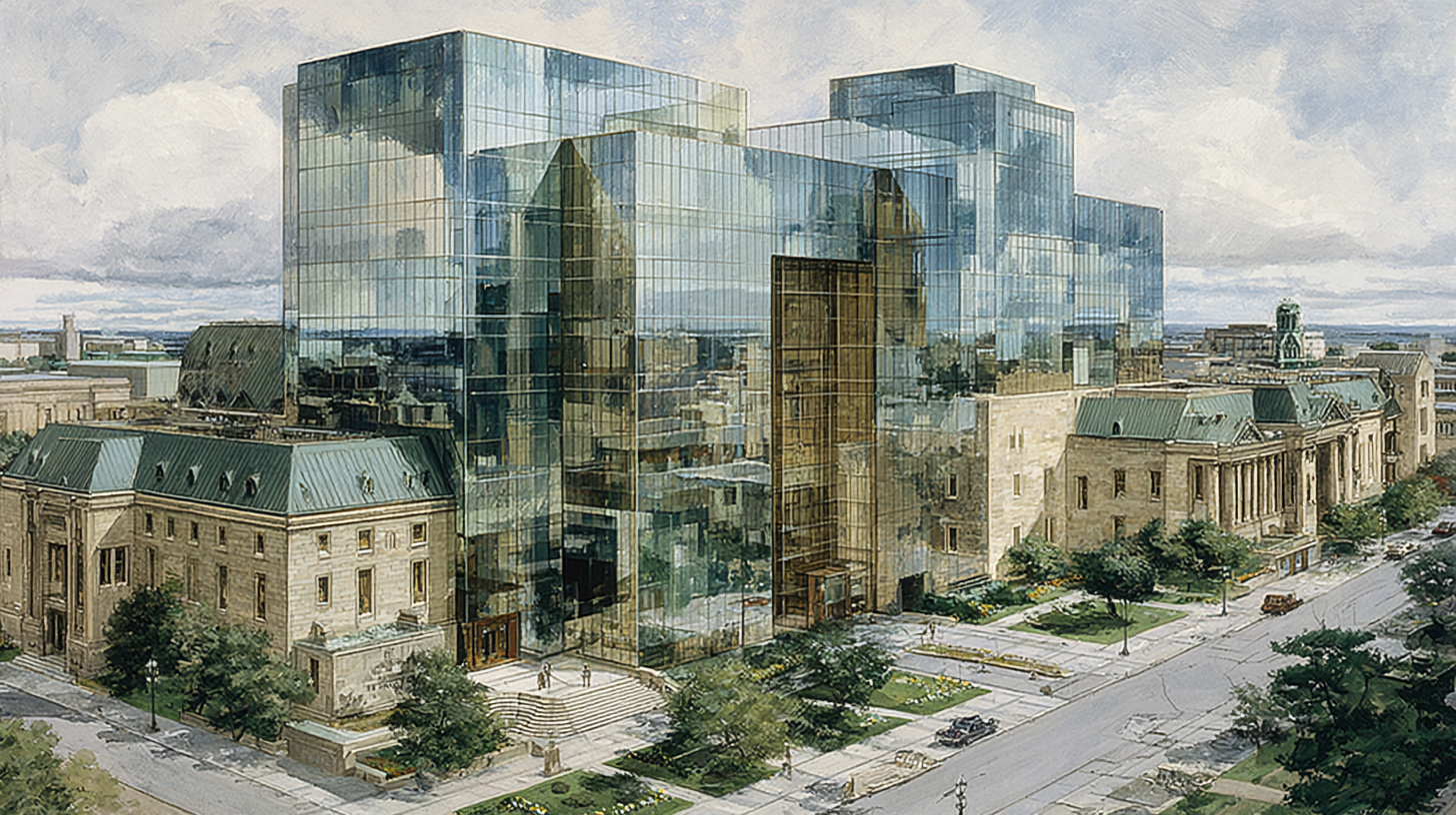 High-angle render showing Arthur Erickson’s 1979 expansion of the Bank of Canada with twin glass towers and a central atrium wrapping around the original stone building, surrounded by trees and open sky.