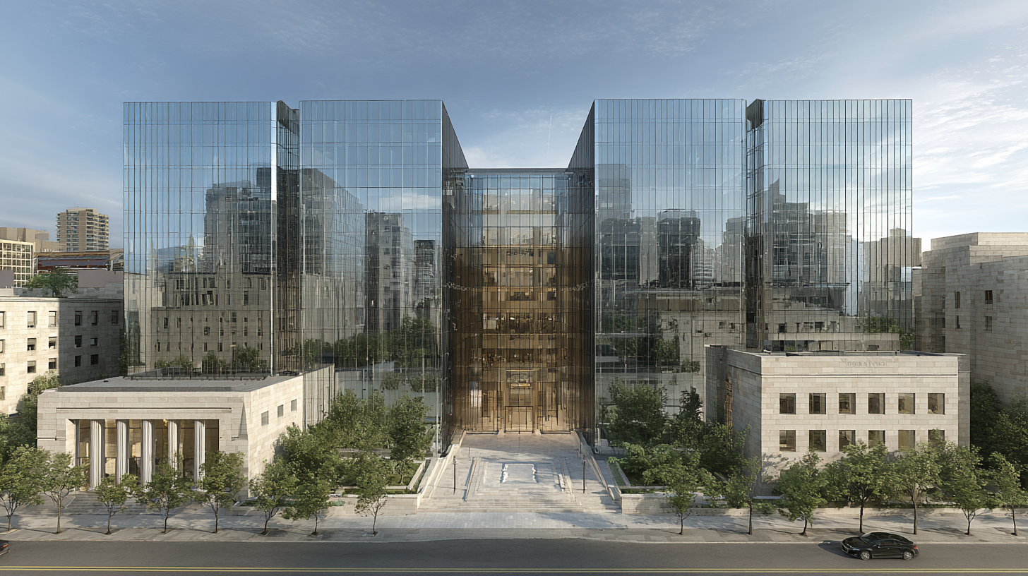 Frontal view of the Bank of Canada’s central glass atrium and modern towers standing behind the original stone structure, highlighting the blend of classical form and minimalist reflection.