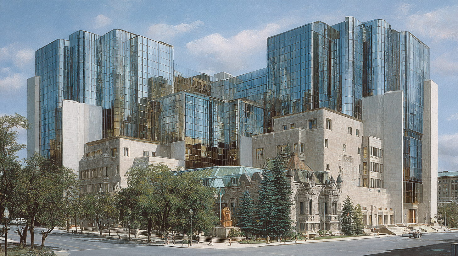 Street-level render of the Bank of Canada complex showing mirrored glass towers contrasting with historic stone architecture and civic landscaping.