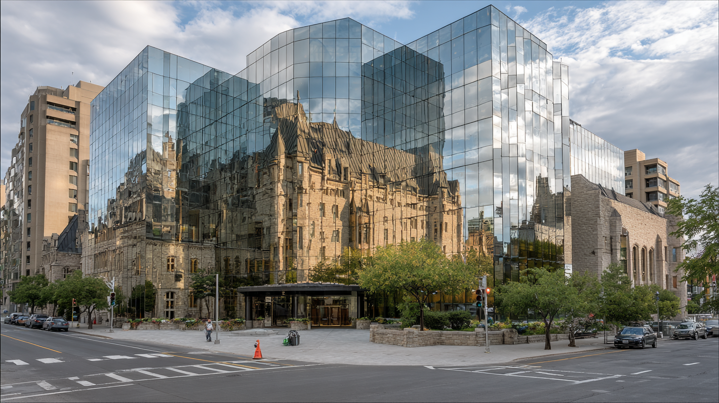 Corner view of the Bank of Canada in Ottawa with a reflective glass tower mirroring adjacent historic architecture, showing the intersection of modern and classical design.
