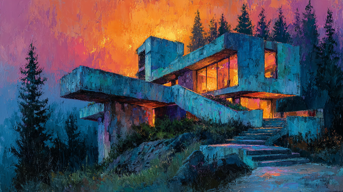 Impressionist oil painting of a modernist concrete house on a forested hillside at sunset, with bold red-orange skies and glowing windows reflecting off layered terraces.