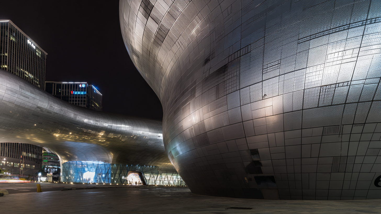 Render of Dongdaemun Design Plaza in Seoul designed by Zaha Hadid, showing curving metallic architecture reflecting city lights at twilight, photographed from a wide low-angle to emphasize futuristic scale and flowing forms.