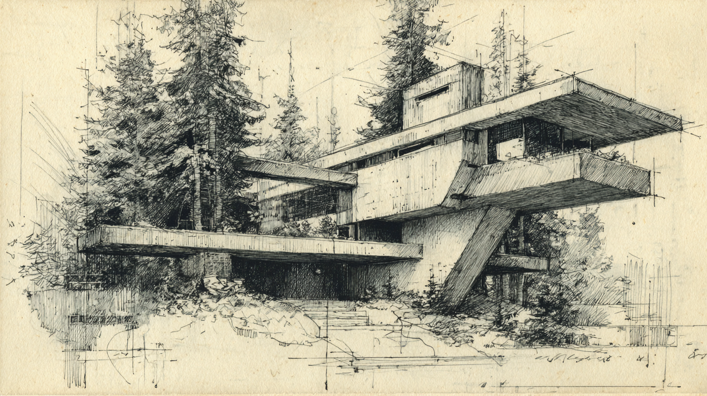 Architectural pencil sketch of a modernist home with heavy cantilevers and angular forms, set above a wooded slope, in the style of Arthur Erickson.