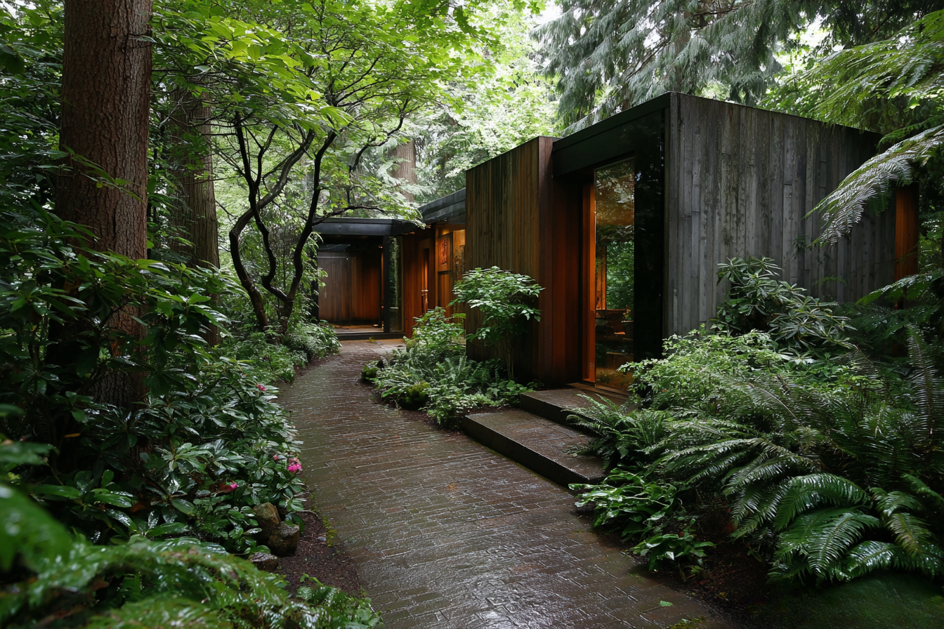 Image of a narrow garden trail framed by tall trees and native plants, leading to the entrance of Arthur Erickson’s cedar residence nestled in Vancouver’s Point Grey.