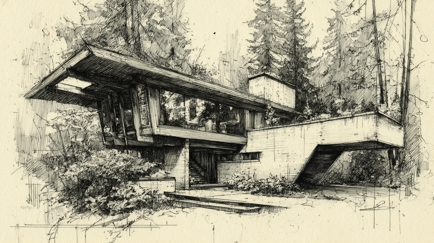 Pencil sketch of a low-profile modernist home with strong overhangs, glass panels, and forested setting, in the style of Arthur Erickson.