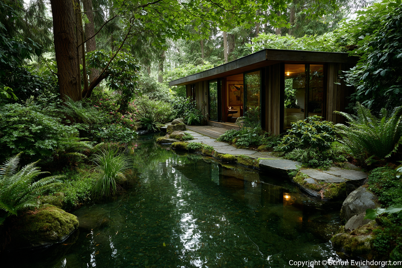 Architectural render of a modest cedar-clad home beside a pond, immersed in forest with soft ambient light filtering through dogwood and fir trees.