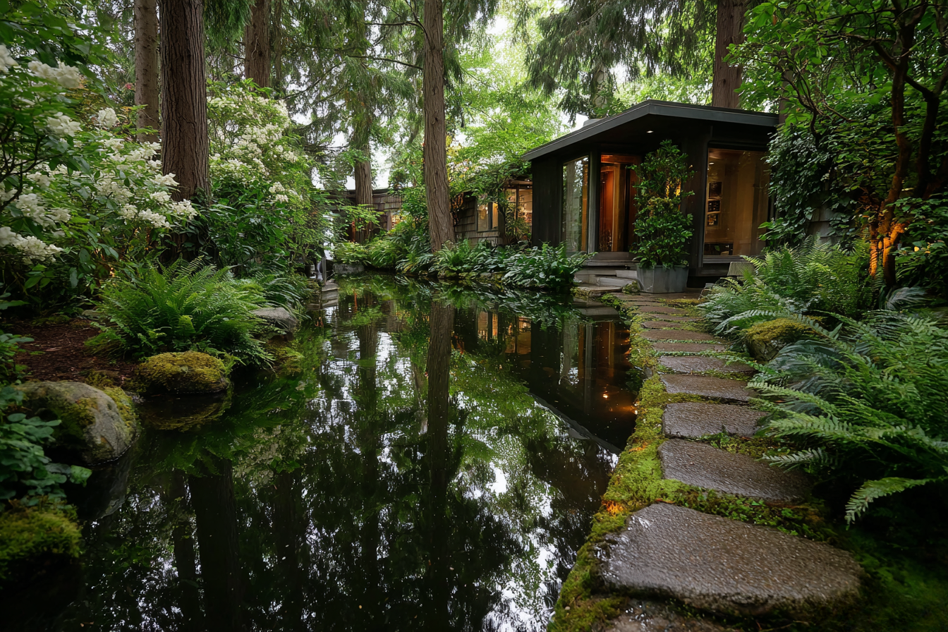 Wide-angle view of Erickson’s garden with a dark reflective pond surrounded by ferns, moss, and cedar trees, with his modernist home in the background.