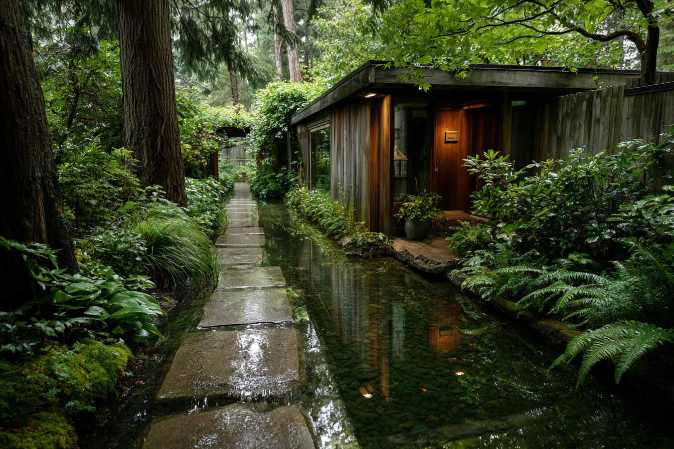 Photoreal view of a forest path made of stone pavers over water, guiding toward Arthur Erickson’s minimalist cedar house, surrounded by lush greenery and calm reflection.