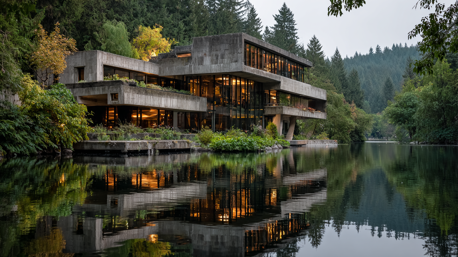 Modernist house with illuminated glass windows and cantilevered concrete forms reflecting on water, captured at golden hour in a wooded environment.