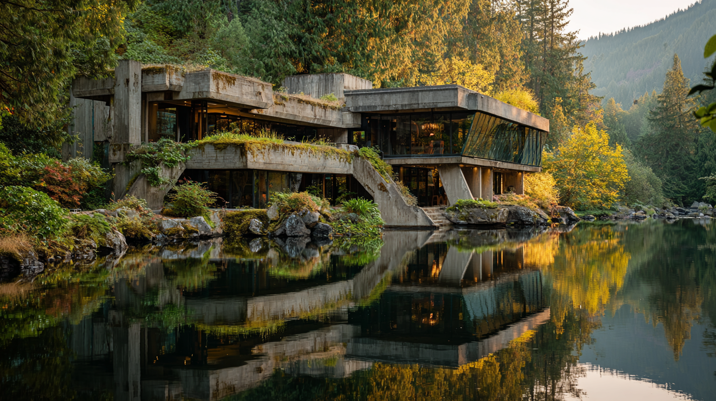 Photoreal image of a multi-level raw concrete residence with overhanging terraces, mirrored in still lake water, set against a wooded mountain backdrop.