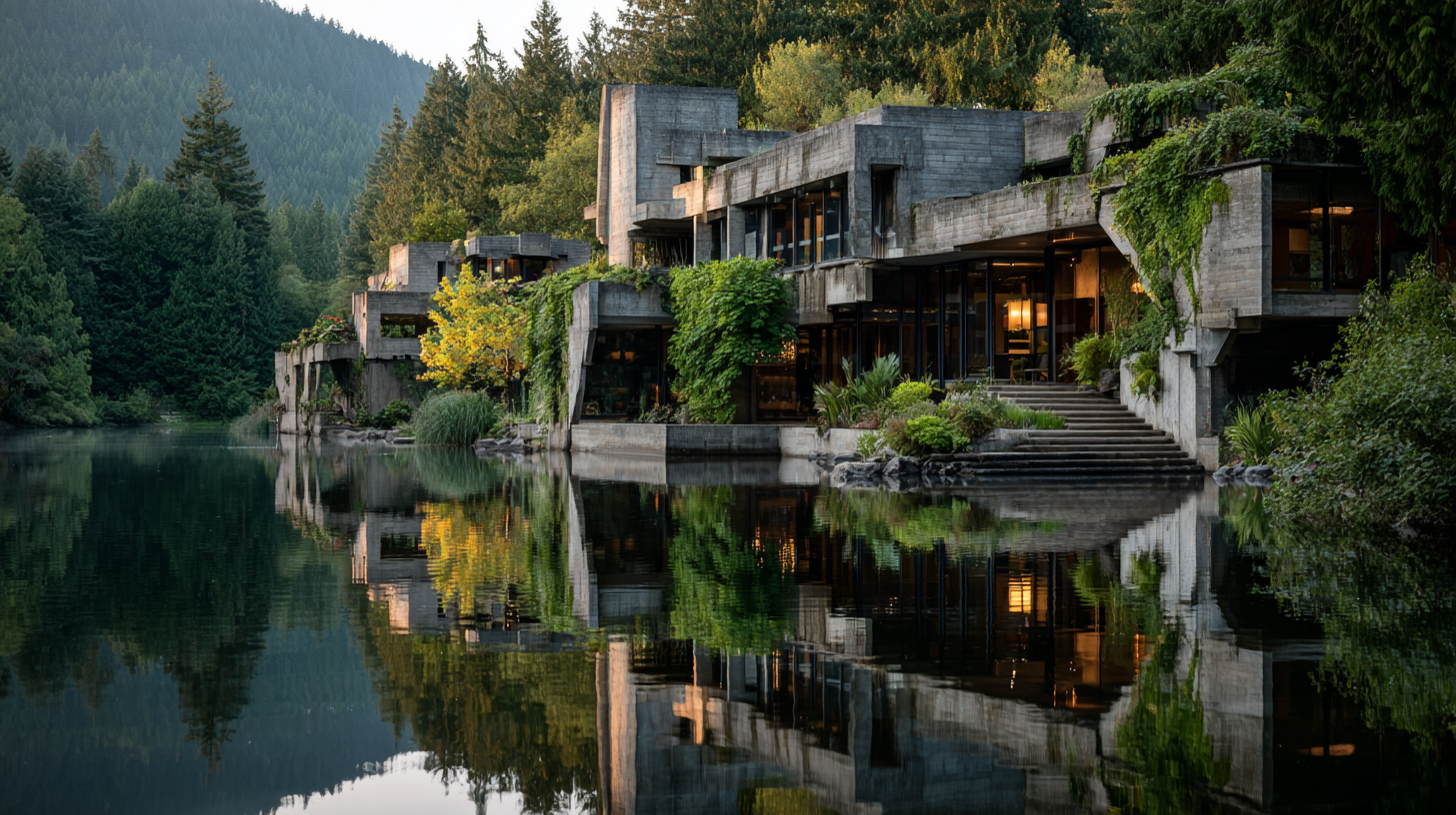 Front-facing architectural render of a minimalist concrete residence beside a forest lake, with sharp reflections and a peaceful golden hour setting.
