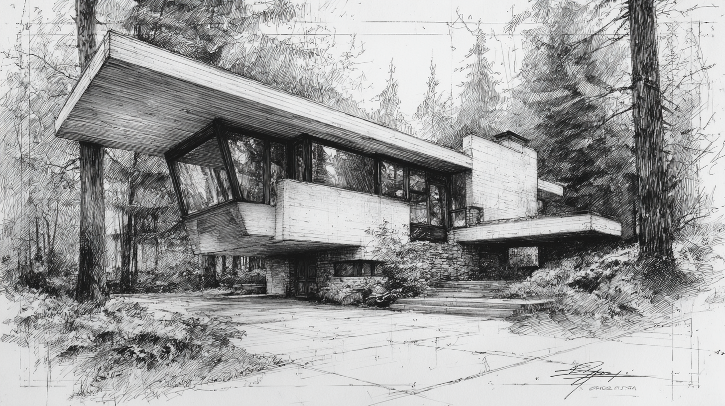 Detailed black-and-white sketch of a narrow modernist pavilion with glass façade, floating roof, and forest surroundings in an Erickson-inspired style.