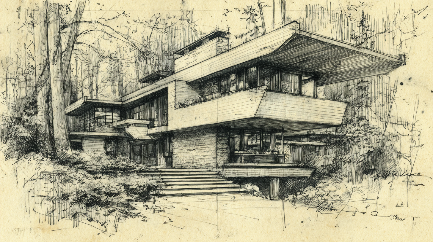 Hand-rendered architectural drawing of a terraced modernist house surrounded by dense trees, showing Erickson-style horizontal forms and stepped geometry.