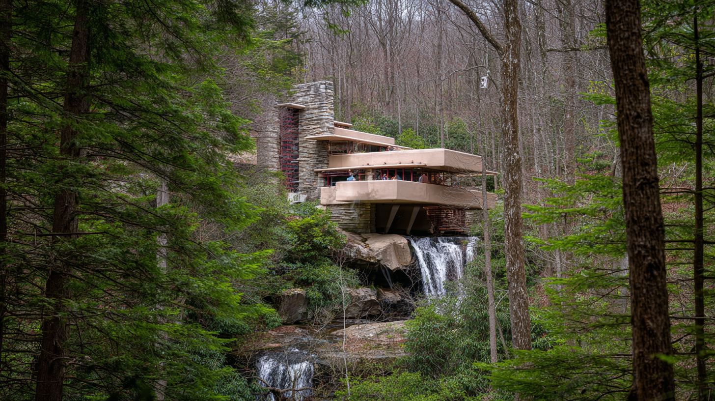 Render of Fallingwater by Frank Lloyd Wright showing layered stone and concrete terraces cantilevered over a waterfall, framed by dense forest and photographed from a low three-quarter angle in overcast daylight to emphasize integration with the natural landscape.