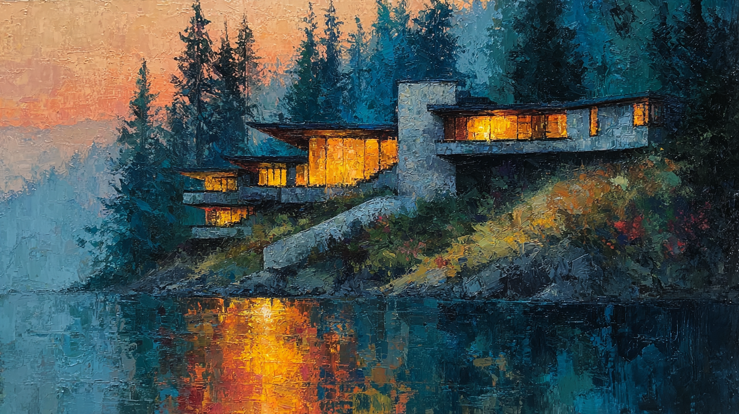 Oil painting of a low-profile modernist house glowing with interior lights in a forest setting at night, with dark trees, blue sky, and reflections in still water.