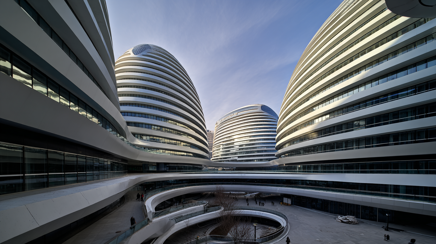 Render of Galaxy SOHO in Beijing designed by Zaha Hadid, featuring four connected domes with curving white façades and skybridges under soft afternoon light, photographed from a wide low-angle view to emphasize futuristic geometry.