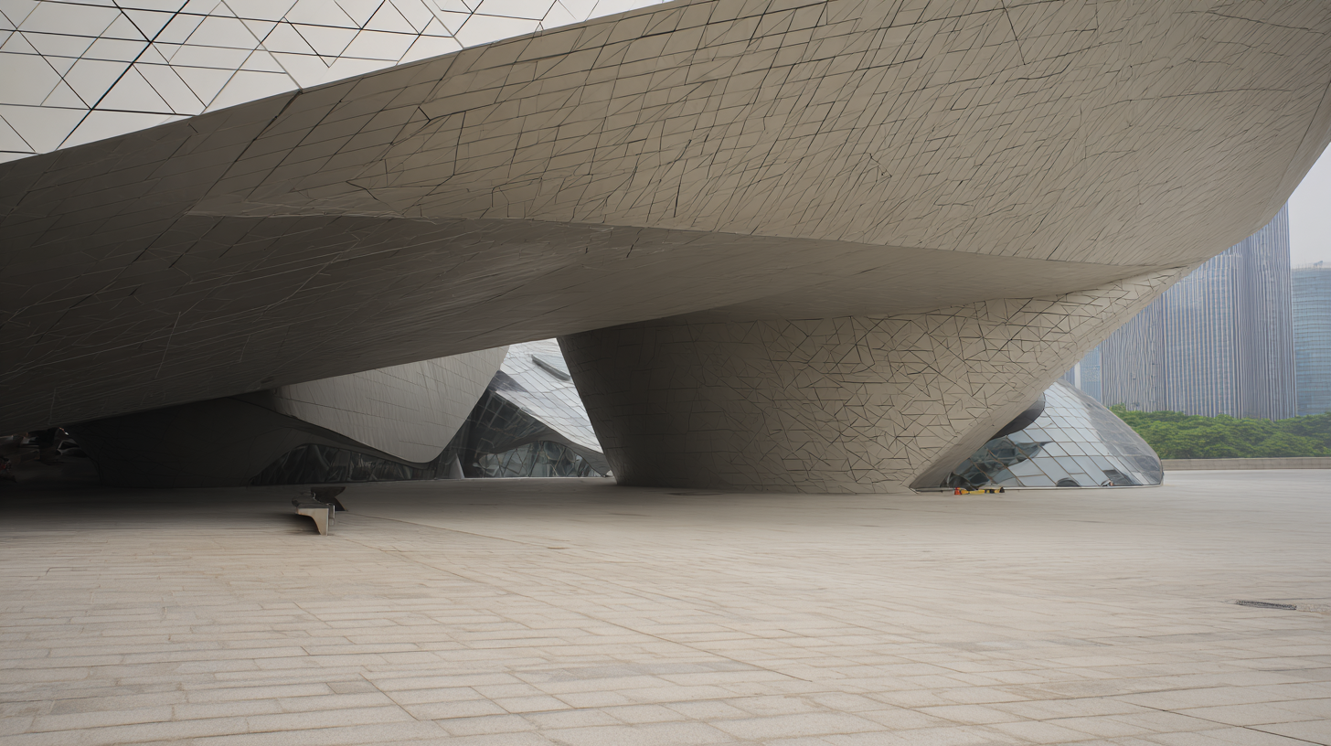 Photorealistic image of Guangzhou Opera House in China designed by Zaha Hadid, showcasing sharp angular shell-like architecture captured from a wide low-angle view under soft overcast daylight.