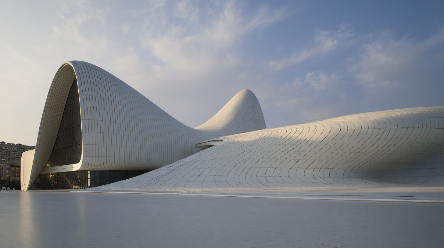 Photorealistic image of the Heydar Aliyev Center in Baku, designed by Zaha Hadid, showcasing its smooth, white wave-like structure captured from a wide low-angle perspective with soft afternoon light and long shadows.