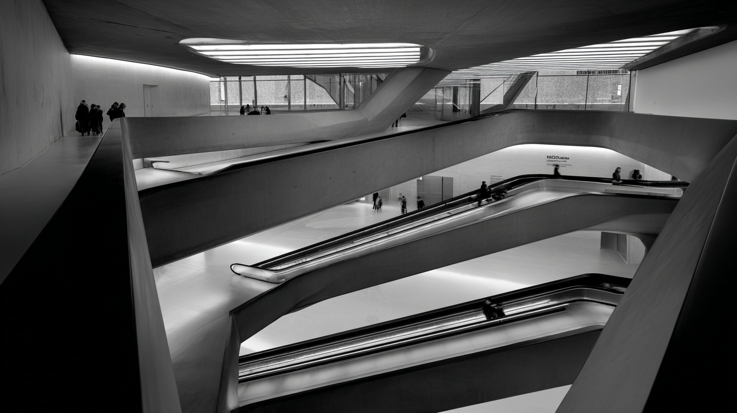 Black and white render of the MAXXI Museum in Rome designed by Zaha Hadid, showing intersecting concrete walkways and curved gallery spaces under soft natural daylight, captured from a wide low-angle view.