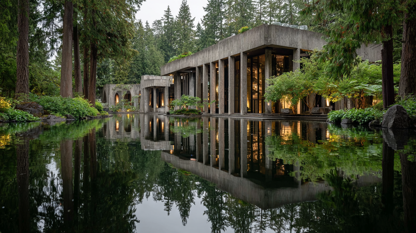 Render of Erickson’s Museum of Anthropology at UBC, with tall concrete pillars and floor-to-ceiling glass walls emerging from dense West Coast forest, captured at golden hour.