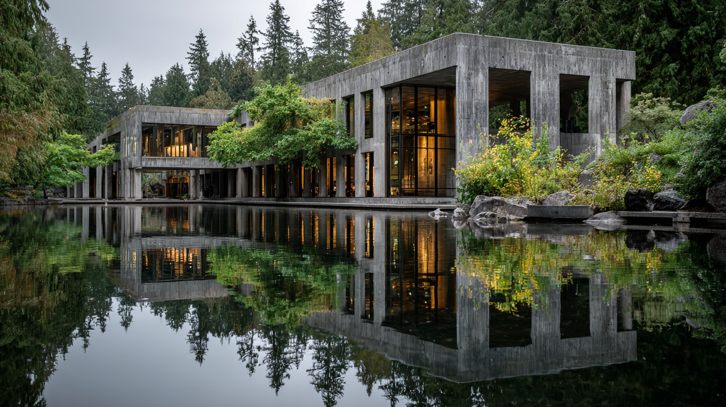 Photorealistic image of the Museum of Anthropology at the University of British Columbia, showing its concrete and glass structure mirrored in water and nestled within Pacific Northwest forest.