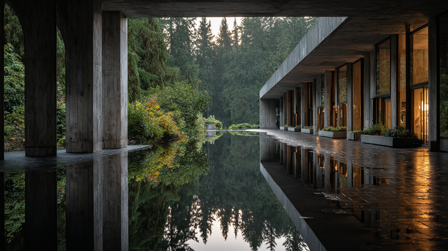 Low-angle view along the museum’s reflective walkway, highlighting the contrast of glowing interior light against brutalist concrete and forest-edge calm at dusk.