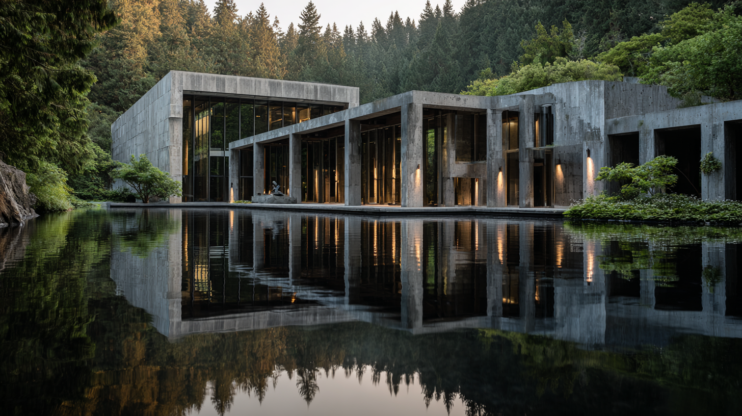 Wide-angle render of the Museum of Anthropology at UBC during sunset, with warm light spilling from windows and mirrored concrete forms reflecting in the water’s surface.