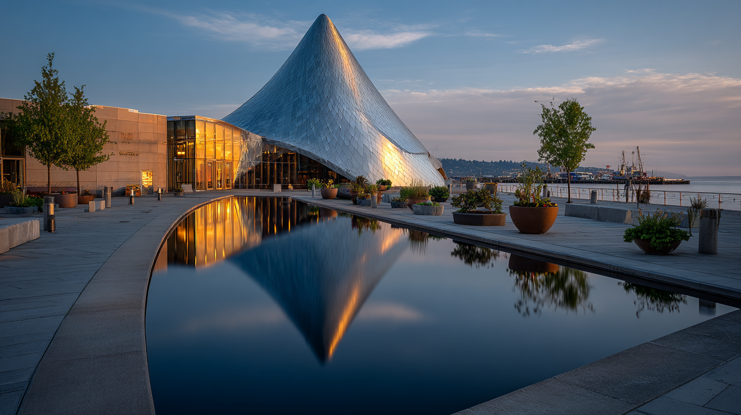 Christian Heidorn-style image of the Museum of Glass, Tacoma, highlighting the building’s sweeping curves and early morning reflections with soft contrast and high dynamic range.