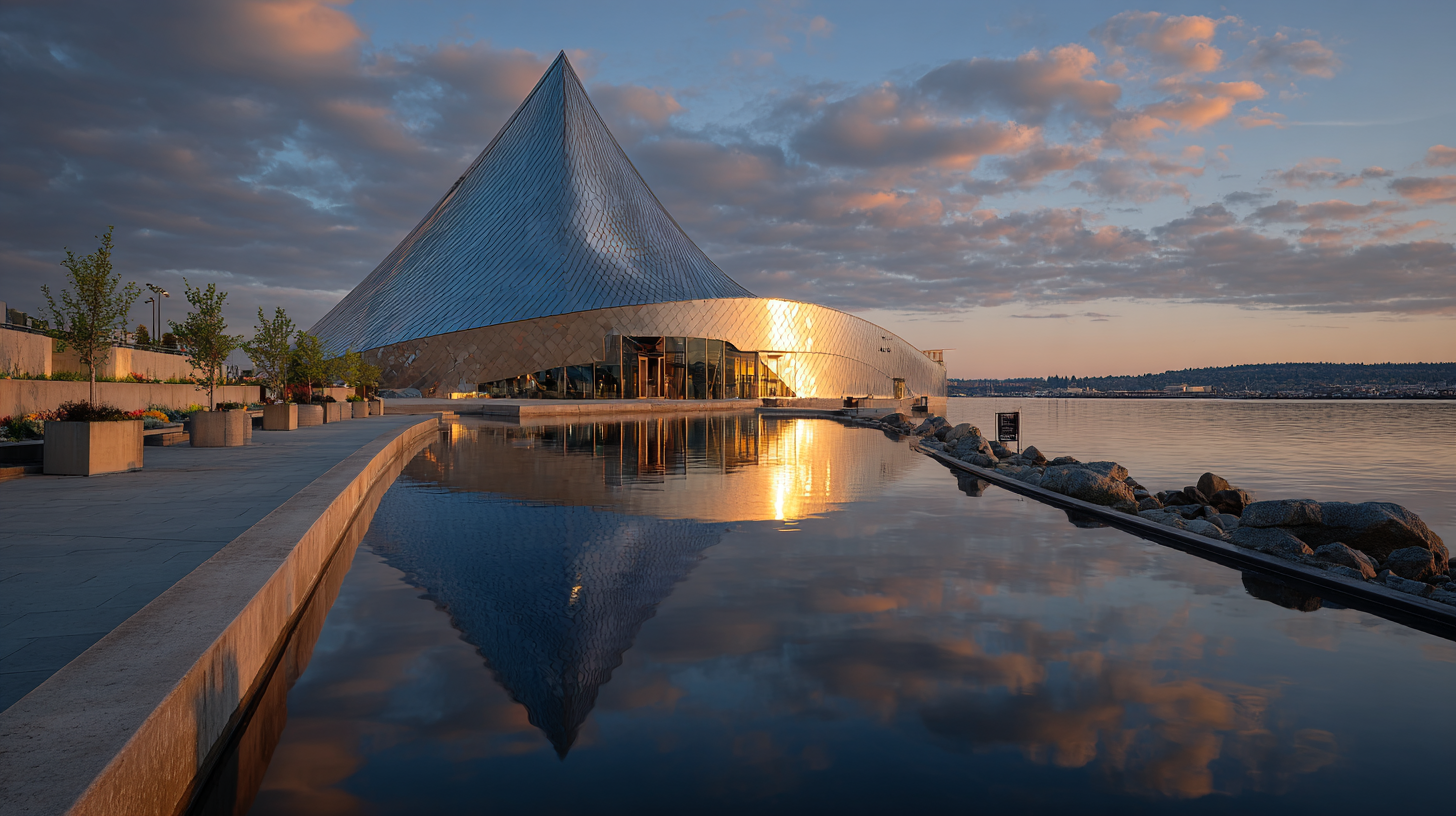 Wide-angle render of the Museum of Glass in Tacoma at golden hour, featuring the conical stainless-steel tower designed by Arthur Erickson with Nick Milkovich Architects Inc., styled using Christian Heidorn-inspired Midjourney prompt techniques, with diffuse light, warm sky tones, and smooth water reflections.