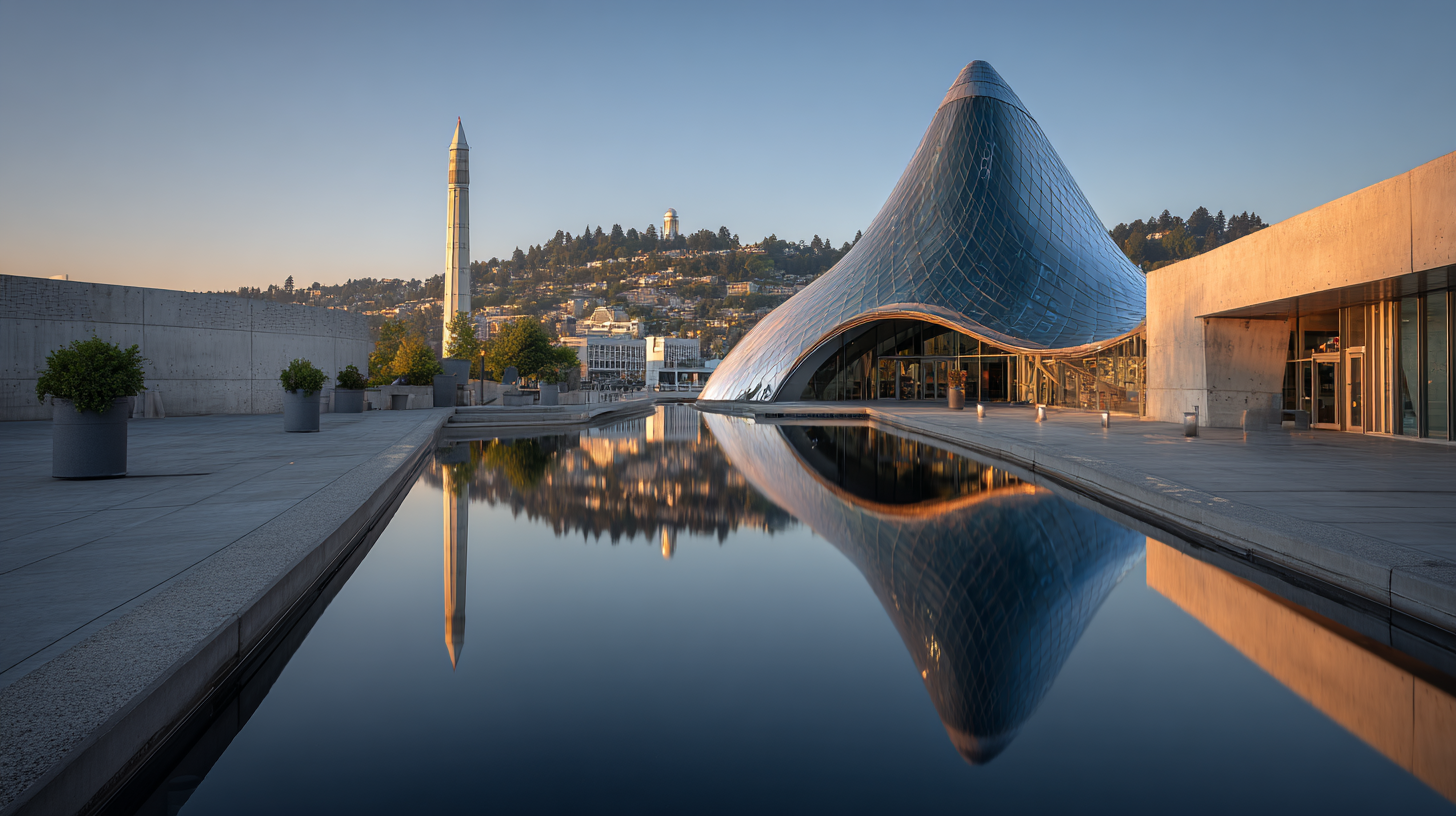 Low-angle photorealistic view of the Museum of Glass in Tacoma with urban skyline behind, rendered with silky water reflections and crisp architectural detail.